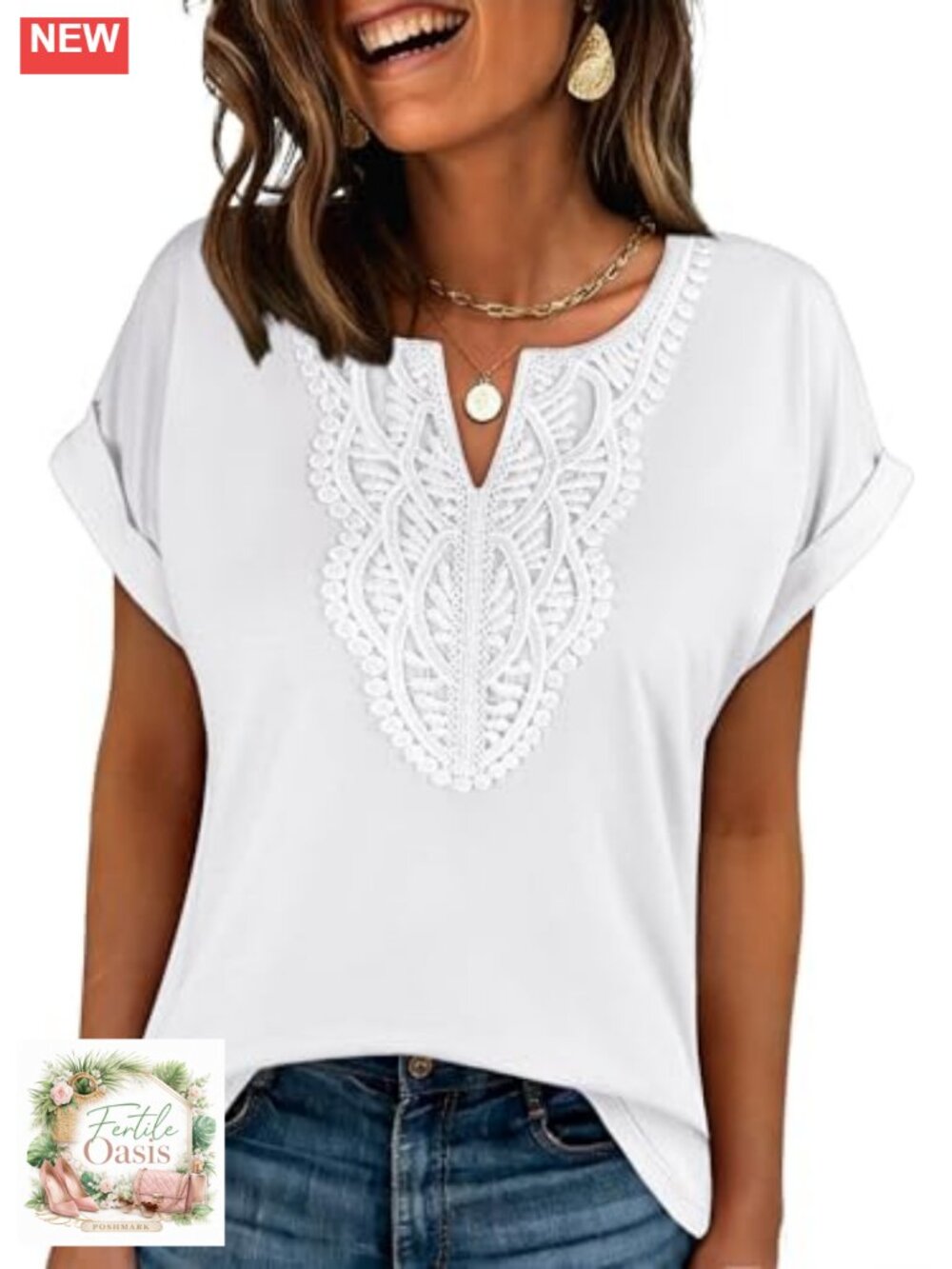 Women's Boho V-Neck Lace Short Sleeve Tunic Top Dressy Casual Blouse